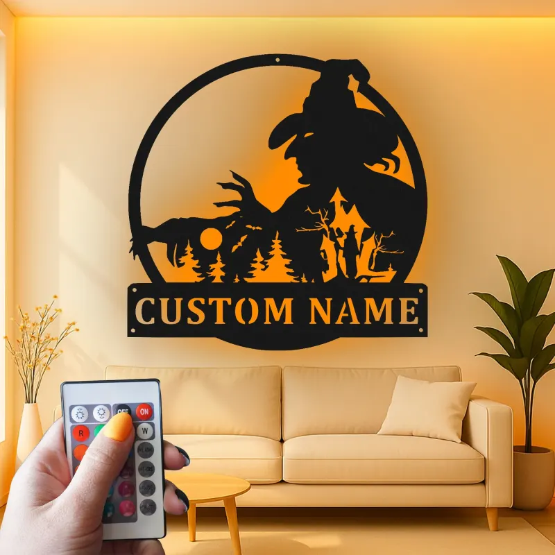 Cartel de metal personalizado con escena de bosque de brujas y luz LED Regalo único de Halloween Decoración espeluznante para el hogar