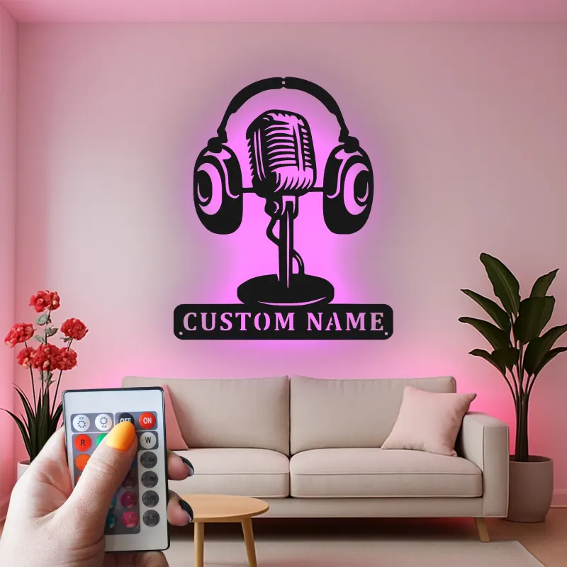 Individuelles Vintage-Mikrofon LED-Schild | Metall-Wandkunst für Musikstudio Dekor | Personalisierte Geschenke für Musiker & Musikliebhaber