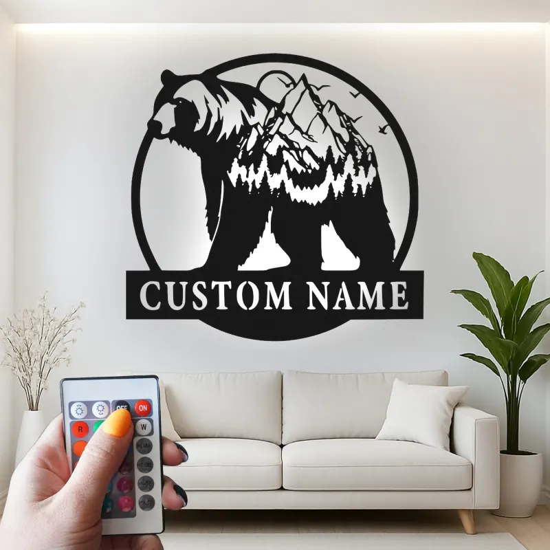 Cartel de metal personalizado con luz LED de oso y montaña, regalo para amantes de la naturaleza, decoración de cabaña o refugio