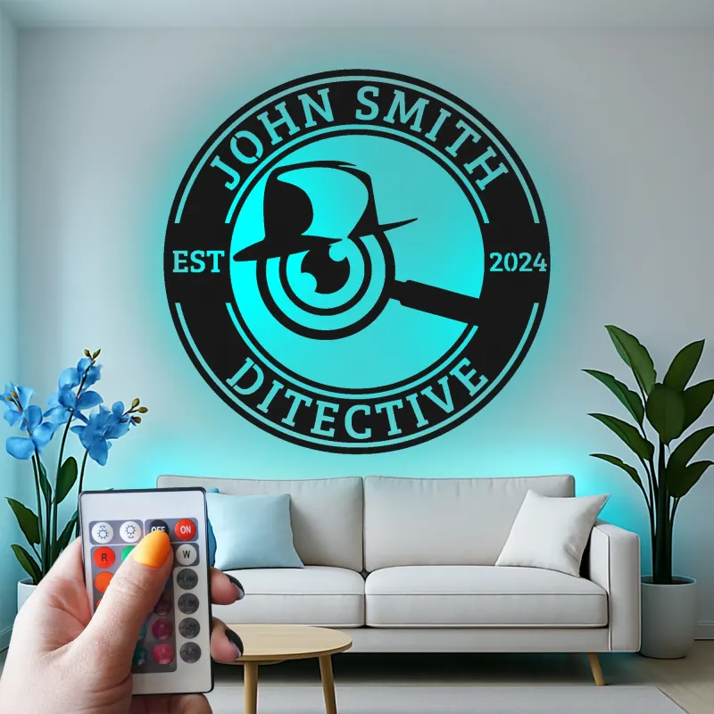 Cartel de metal LED de placa de detective, regalo único para amantes del misterio, decoración de oficina o estudio