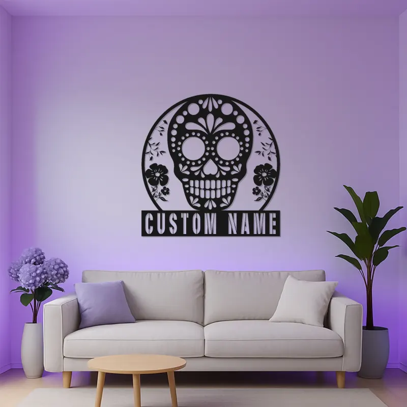 Personalized Sugar Skull Metal Sign | Custom Calavera LED Wall Art | Day of the Dead Decor | Gothic Floral Home Gift