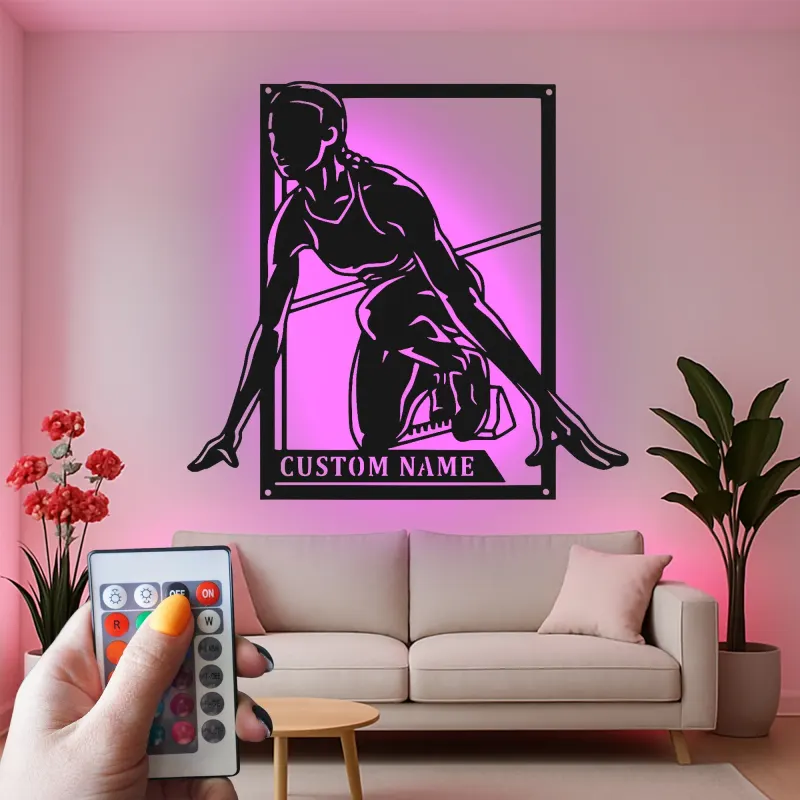 Décoration murale en métal personnalisée pour sprinteuse | Plaque coureuse personnalisée avec lumière LED | Cadeau pour athlète, coach d’athlétisme
