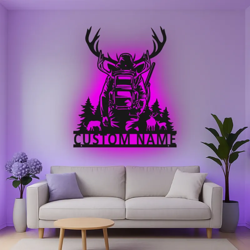 Insegna in metallo personalizzata per cacciatori con corna con luce LED regalo per appassionati di outdoor decorazione per cabin