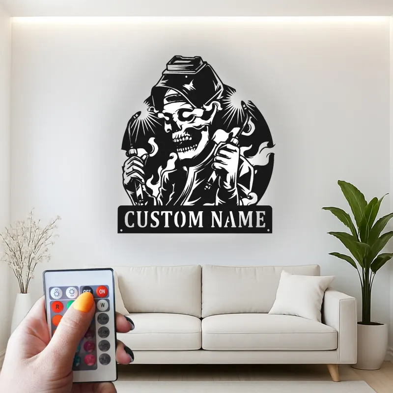 Personalisierte LED-Schädel Metall-Wandkunst – Einzigartiges Geschenk für Schweißer