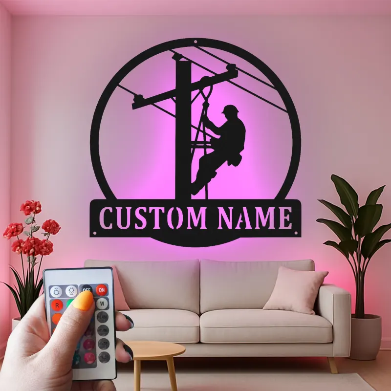 Arte da Parete in Metallo per Lineman | Insegna LED Personalizzata con Nome | Regalo Personalizzato per Elettricista | Decorazione per Lavoratori dei Servizi Pubblici