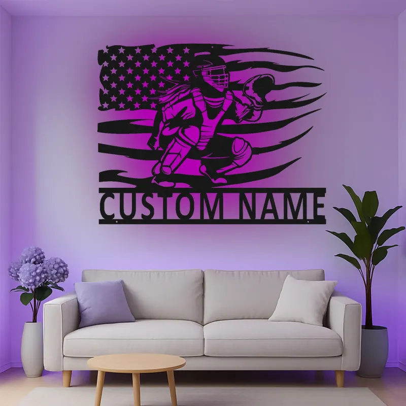 Insegna in metallo personalizzata con luce LED per catcher di baseball - Regalo personalizzato per appassionati di baseball e decorazione per stanze sportive 1