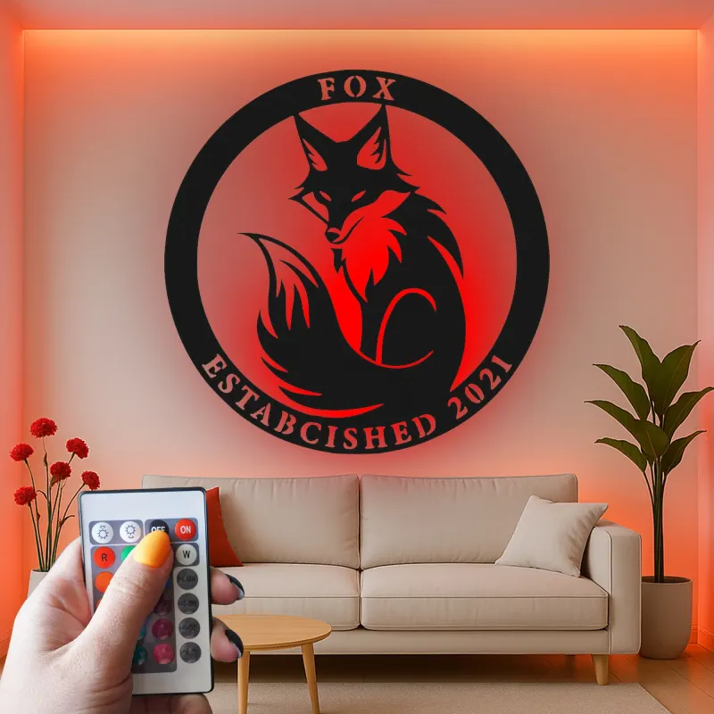 Insegna in metallo LED con volpe su misura | Decorazione murale personalizzata con fauna selvatica | Arredo per baita e regalo per amanti della natura | Logo con data di fondazione