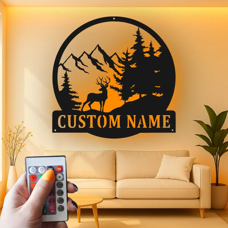 Custom Deer Mountain Scene Led Light Metal Wall Art Personalized Nature Lover Gift Cabin Decor