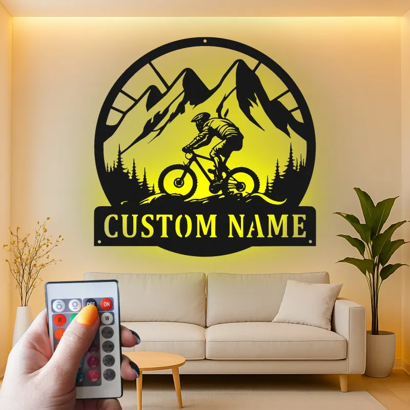 Personalized Mountain Bike Metal Art | Custom Cyclist Name Sign with LED | MTB Rider Wall Decor | Gift for Biking Enthusiast