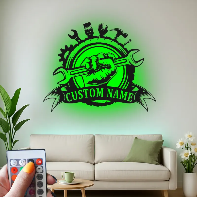 Custom Mechanic Tools Led Light Metal Wall Art Personalized Gift for Him Garage Workshop Decor