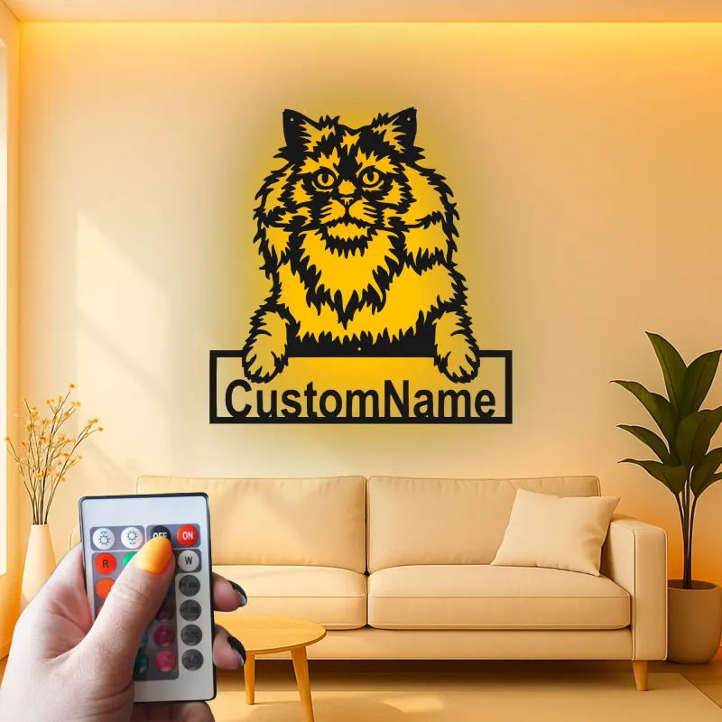 Cartel de metal LED de gato persa personalizado, regalo para amantes de mascotas, decoración para sala de estar