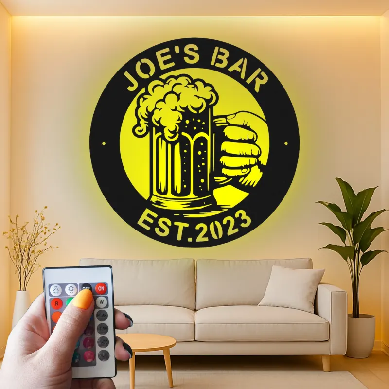 Décoration murale en métal personnalisée Chope de Bière avec Rétroéclairage - Cadeau de Bar pour Lui, Décor de Bar à Domicile ou de Cave à Hommes