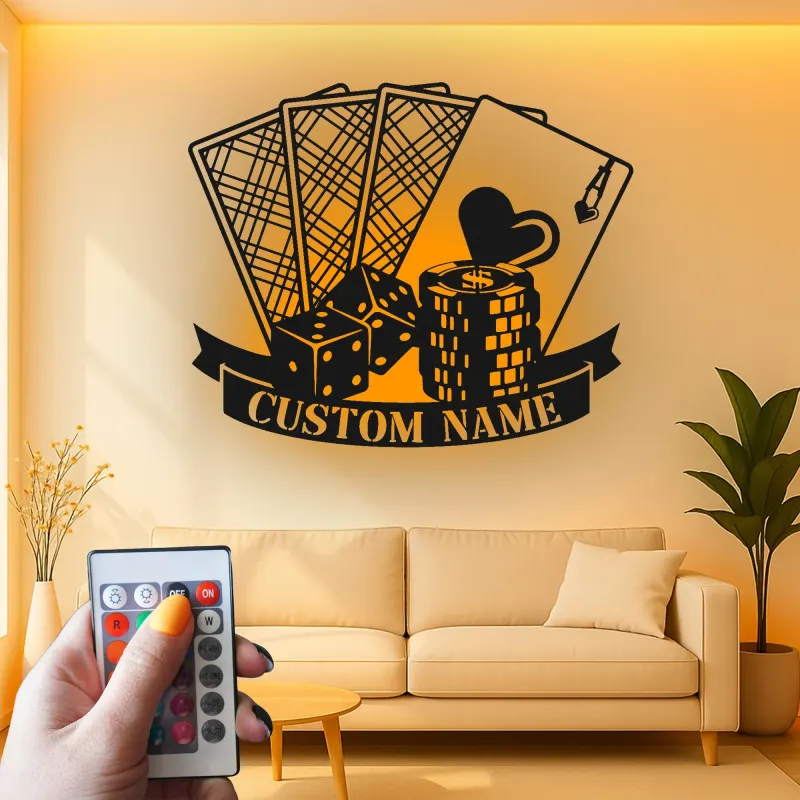 Personalized Poker LED Sign | Metal Game Room Decor | Custom Casino & Dice Wall Art | Gambling Gift for Him