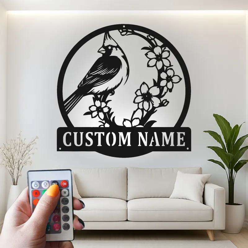 Décoration murale en métal personnalisée avec lumière LED cardinal et fleurs