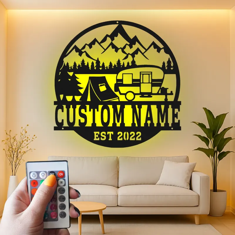 Cartel de metal LED con camper y tienda personalizado, regalo de aventura al aire libre para decoración de cabaña o RV