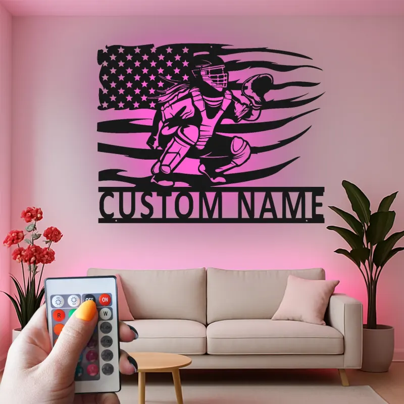 Insegna in metallo personalizzata con luce LED per catcher di baseball - Regalo personalizzato per appassionati di baseball e decorazione per stanze sportive 1