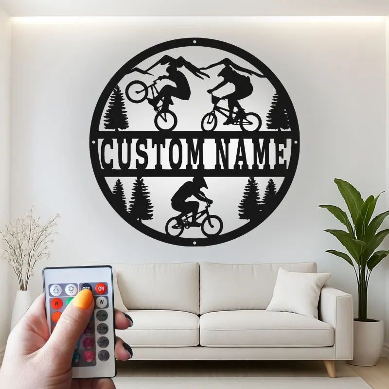 Custom BMX Cyclist Led Light Metal Wall Art Personalized Gift for Biking Enthusiasts Outdoor Adventure Decor