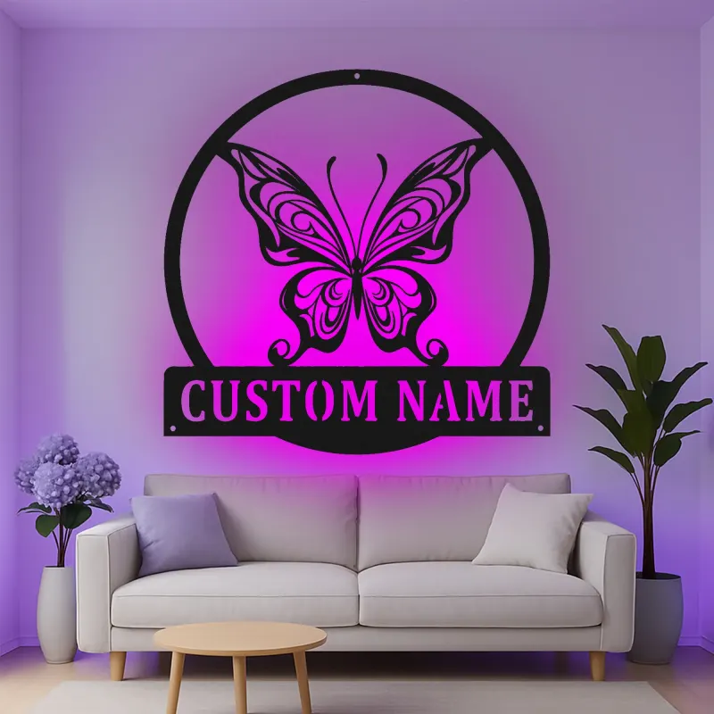Insegna in metallo personalizzata con farfalla e luce LED, regalo per amanti della natura per decorare la camera da letto o il soggiorno