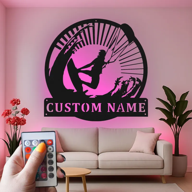 Arte in Metallo LED Personalizzata per Kiteboarding | Insegna con Nome per Kitesurfer | Decorazione per Casa al Mare | Regalo per Amanti dell'Oceano