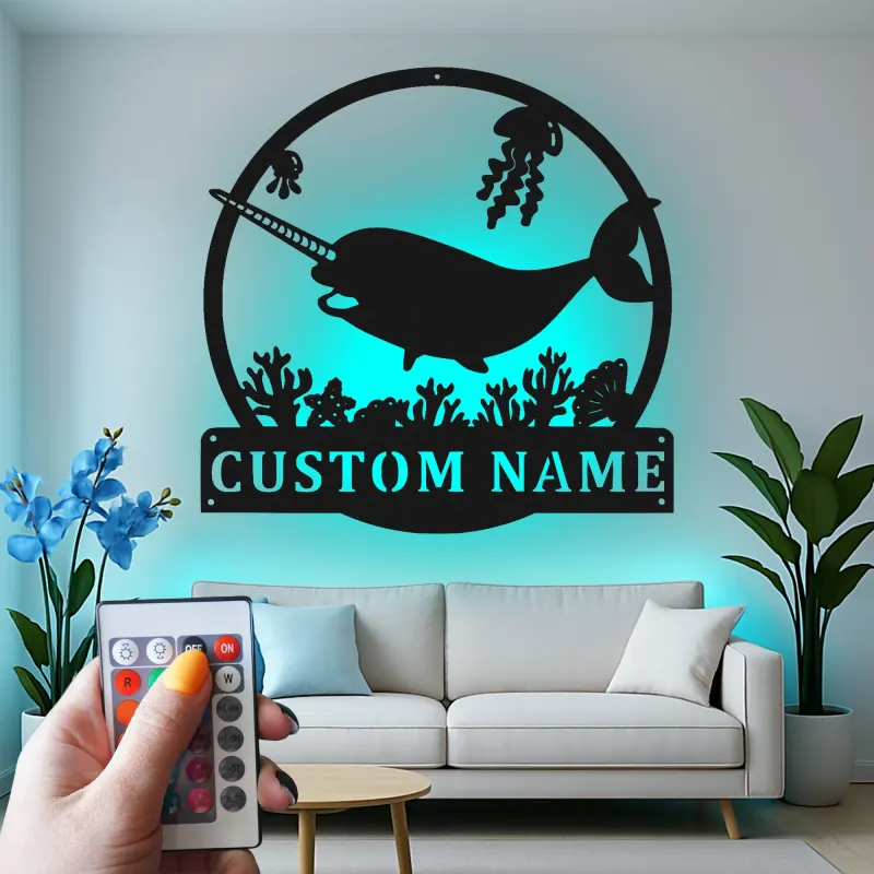 Personalized Narwhal Metal Sign | LED Nursery Night Light | Custom Ocean Theme Wall Art | Kids Room Decor