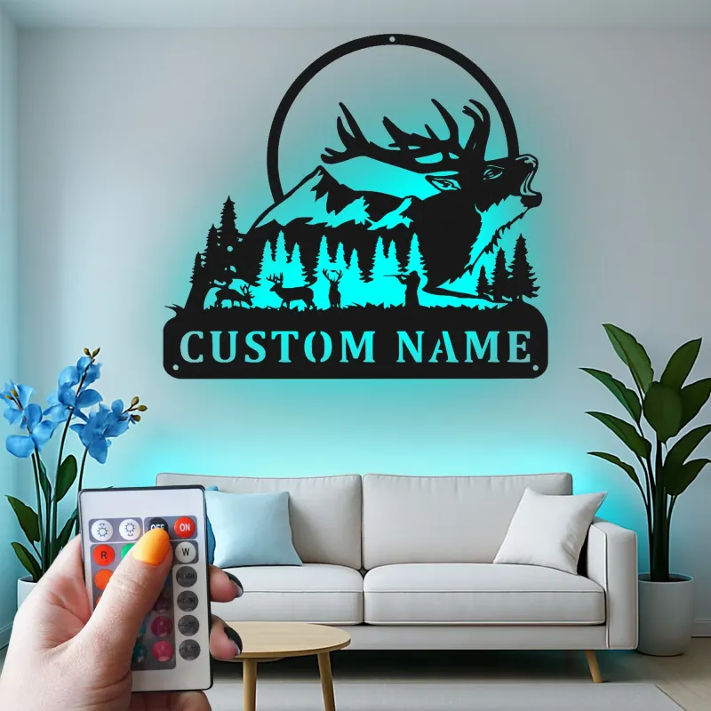 Décoration murale en métal personnalisée pour la chasse au cerf avec rétroéclairage LED, cadeau personnalisé pour les chasseurs, décoration de cabane rustique 3