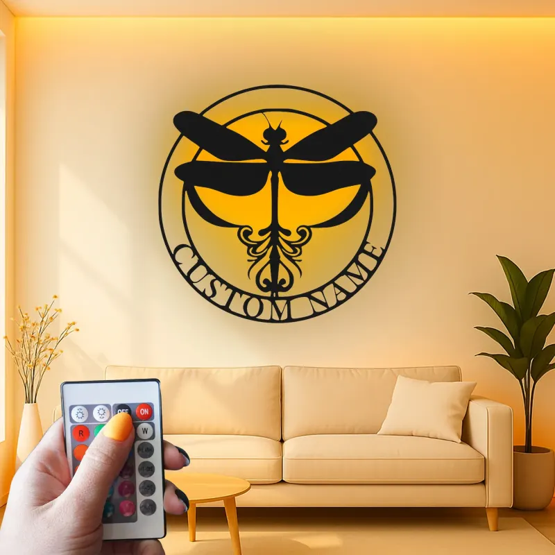 Cartel de metal personalizado con luz LED de libélula, regalo para amantes de la naturaleza, decoración para dormitorio o salón