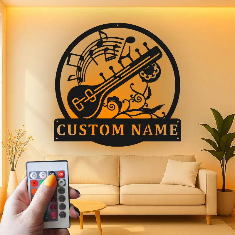 Personalized Sitar Metal Wall Art | LED Music Notes Decor | Custom Musician Name Sign | Indian Instrument Art