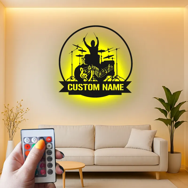 Décoration murale en métal LED personnalisée pour batteur - Cadeau musicien pour salle de musique