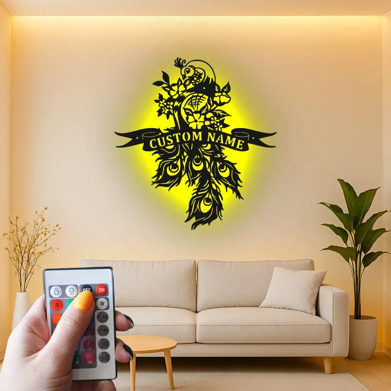 Custom Peacock Led Light Metal Wall Art Personalized Gift for Couples Elegant Living Room Decor