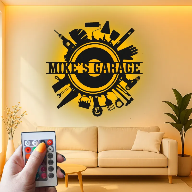 Enseigne LED personnalisée pour garage | Décoration murale en métal personnalisée avec outils | Déco atelier et man cave | Cadeau pour bricoleur