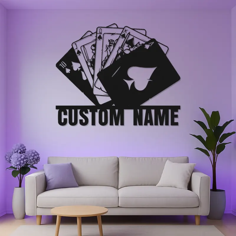 Royal Flush Metal Wall Art | Personalized LED Poker Room Sign | Custom Name Card Player Gift | Game Room Decor