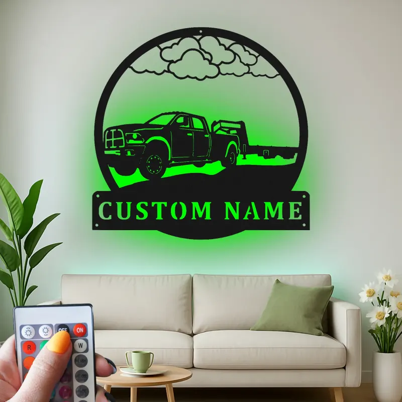 Insegna LED in metallo con pickup personalizzato | Arte murale con rimorchio gooseneck | Decorazione garage con nome per lui | Regalo per camionisti