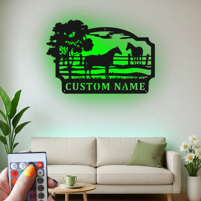 Insegna per Ranch di Cavalli Personalizzata con LED | Arte in Metallo Personalizzata | Decorazione Equestre per Regalo da Fattoria