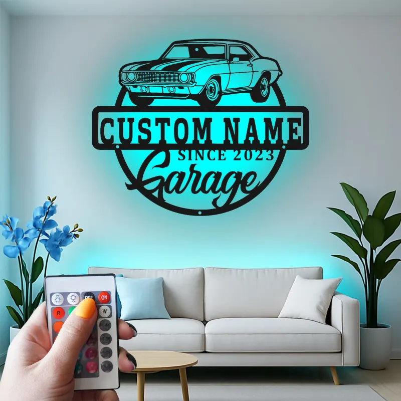 Insegna in metallo LED personalizzata per garage con auto muscolare regalo per appassionati di auto decorazione man cave 2