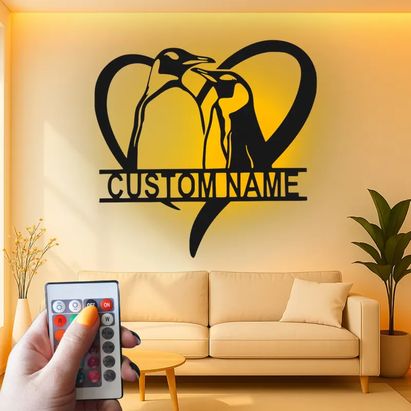Insegna LED per Coppia di Pinguini | Arte Murale in Metallo Personalizzata | Regalo per Anniversario per Camera da Letto