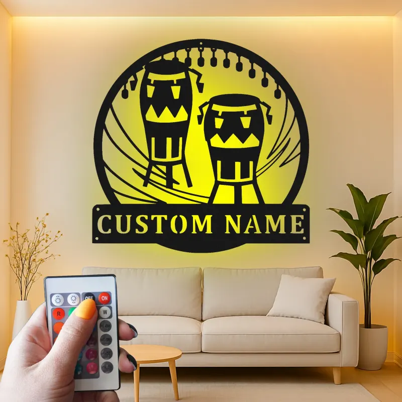 Cartel de metal personalizado con luz LED de bongos para regalo de músico, decoración de sala de música
