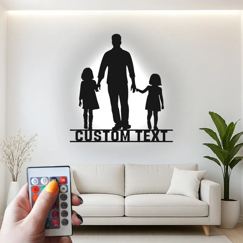 Cartel Personalizado para Padre e Hijas | Arte de Metal LED | Regalo Personalizado para Papá de Hijas | Decoración de Hogar Familiar