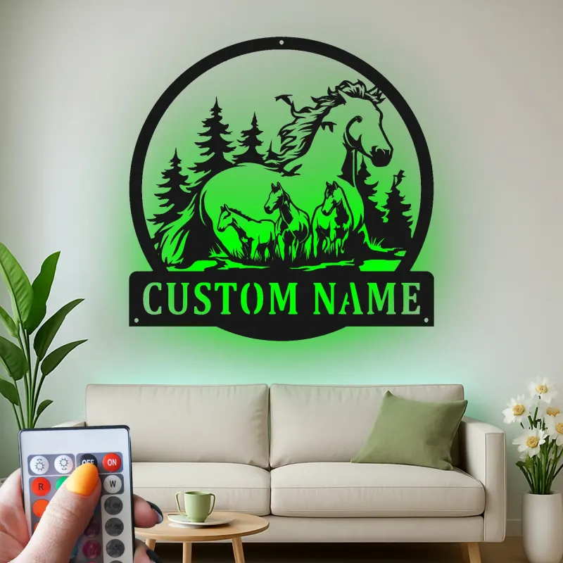 Letrero familiar de caballos personalizado | Decoración mural LED de metal | Decoración ecuestre a medida para casa de campo | Regalo para amantes de los caballos
