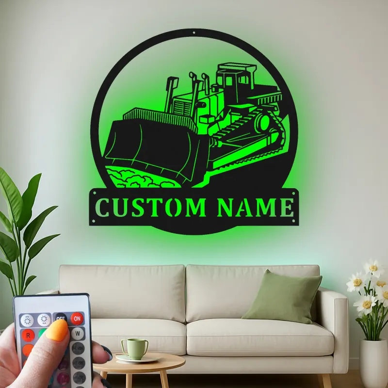 Cartel de metal LED de bulldozer personalizado, regalo de construcción para él, decoración de garaje u oficina para amantes de equipos pesados