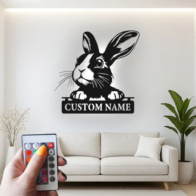 Insegna in metallo personalizzata con luce LED a forma di coniglio per amanti degli animali, regalo per asilo nido o decorazione per camera dei bambini