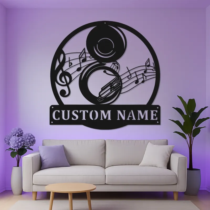 Panneau en métal LED personnalisé pour musicien | Art mural personnalisé de tuba | Décoration de notes de jazz pour studio et bar à domicile | Cadeau pour musicien