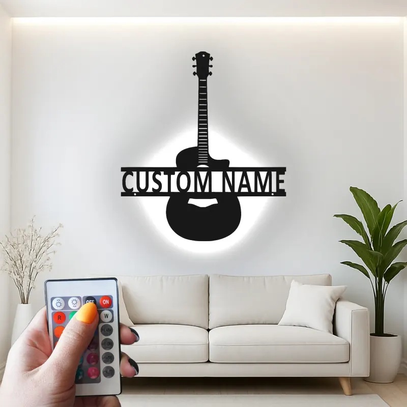 Insegna LED personalizzata a forma di chitarra | Arte murale con nome del musicista | Decorazione in metallo per studio musicale | Regalo per chitarristi