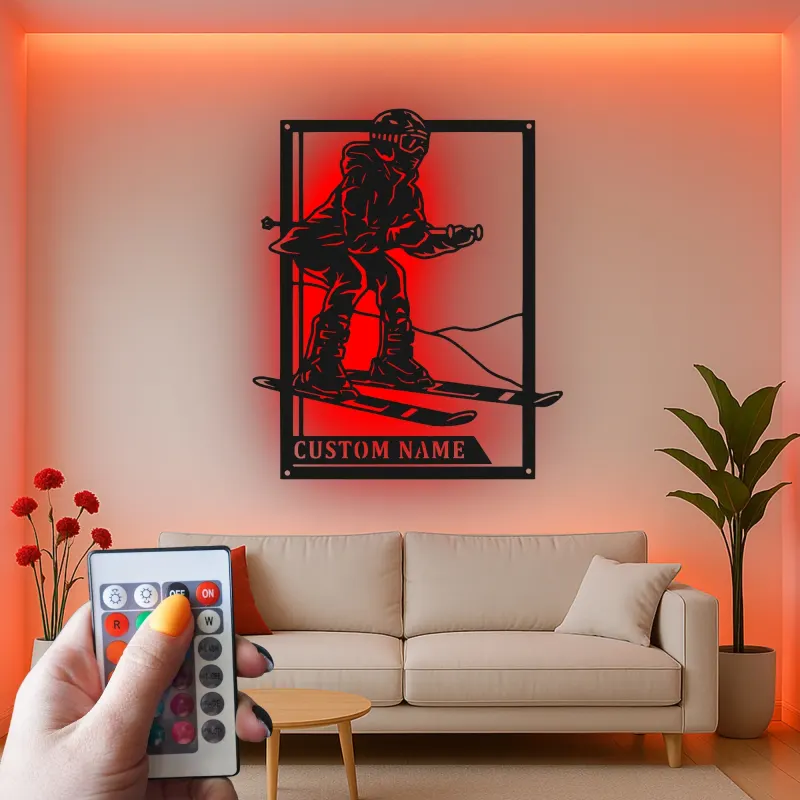 Custom Skier Led Light Metal Wall Art Personalized Gift for Ski Enthusiasts Winter Sports Decor for Game Room