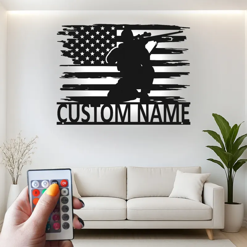 Personalized Sniper Metal Sign | LED American Flag Wall Art | Custom Military Decor for Veteran | Patriotic Man Cave Gift
