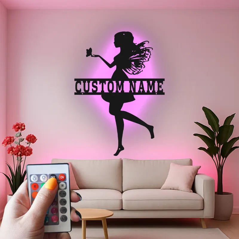 Insegna personalizzata con nome fata e LED | Insegna in metallo personalizzata per cameretta bambina | Decorazione magica per nursery | Decorazione da parete fiabesca