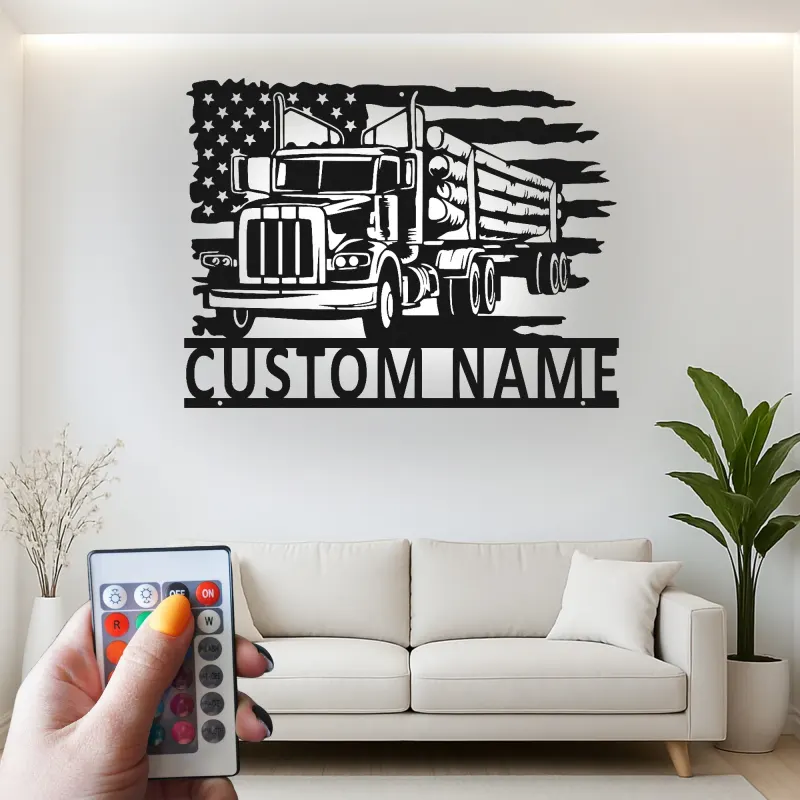 Décoration métal camion de grumes personnalisée | Plaque prénom camionneur avec LED | Décor man cave drapeau américain | Cadeau patriotique