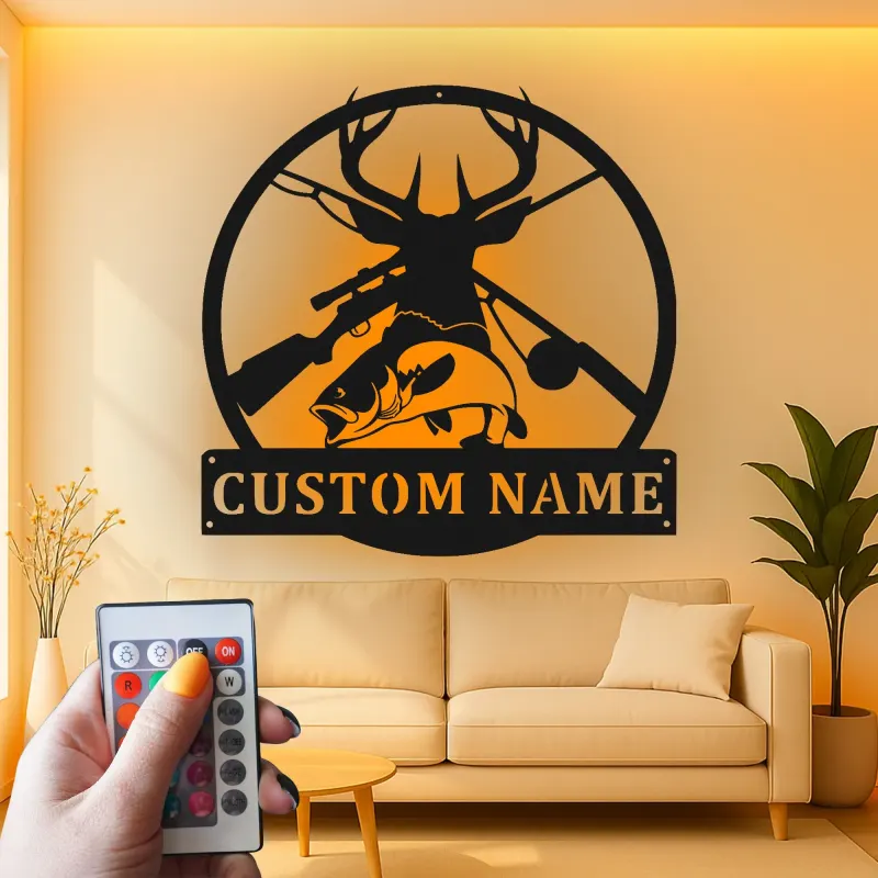 Insegna LED in metallo personalizzata per caccia e pesca | Arredo per baita per sportivi | Arte rustica per man cave