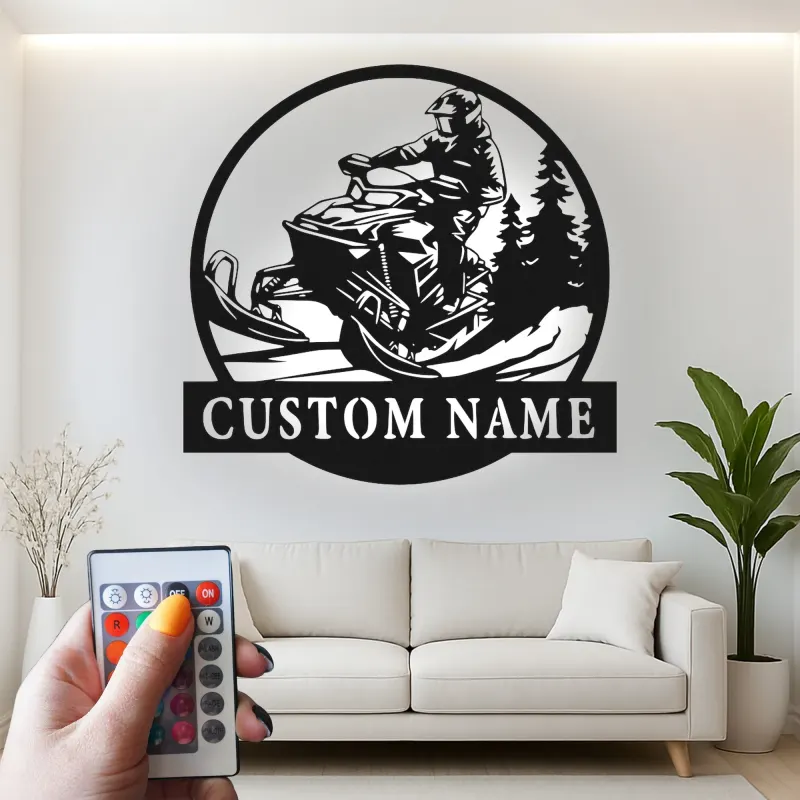 Personalized Snowmobile LED Metal Wall Art | Custom Name Sign for Rider | Winter Sports Decor & Outdoor Enthusiast Gift