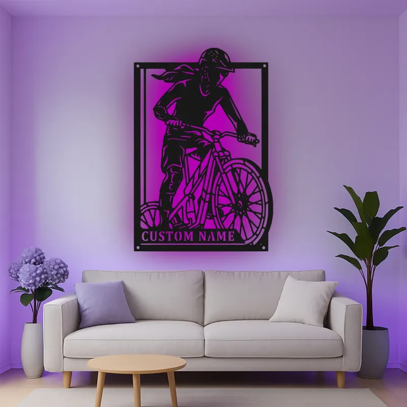 Custom Cyclist Led Light Metal Wall Art Personalized Gift for Biking Enthusiasts Garage or Man Cave Decor