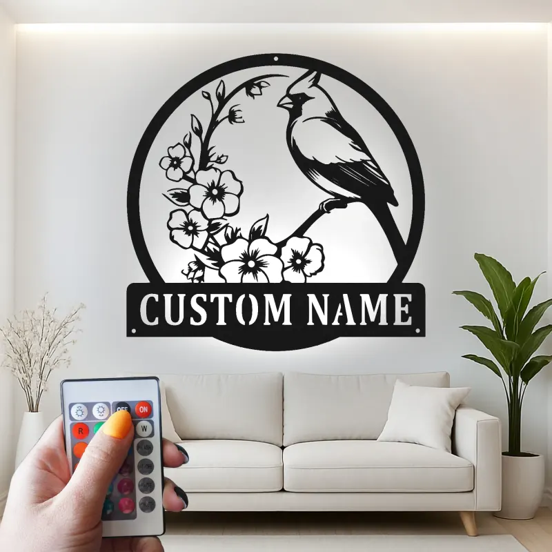 Custom Cardinal and Blossoms Led Light Metal Wall Art Personalized Nature Lover Gift Living Room or Garden Decor